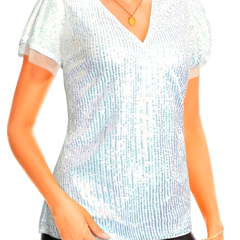 Womens Sparkly Sequence Top. Short Ruffle Sleeve V Neck Wrap Shimmer Glitter